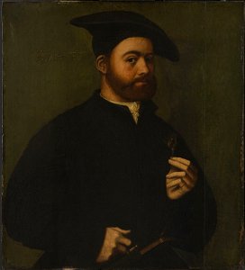 Ambrosius Benson - Portrait of a man holding a rose