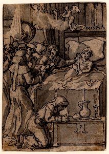 Pieter Coeck van Aelst - A dying bishop in bed with a group of monks. Free illustration for personal and commercial use.
