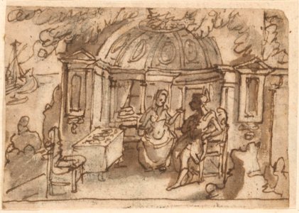 Stradanus - Ulysses and Calypso Seated in a Half-Domed Pavilion, a Ship in the Distance