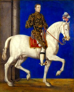 Gouache on parchment equeatrian portrait of Dauphin Henry II by François Clouet, c. 1543, Menil Collection. Free illustration for personal and commercial use.