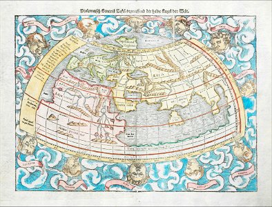 1550 Ptolemaic world map by Sebastian Münster. Free illustration for personal and commercial use.