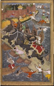 1561-Akbar riding the elephant Hawa'I pursuing another elephant across a collapsing bridge of boats (left). Free illustration for personal and commercial use.