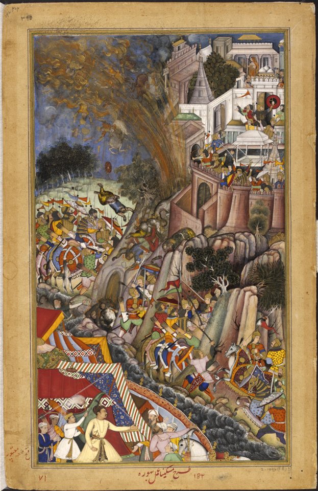1567-A mine explodes during the siege of Chitor-left-Akbarnama-large