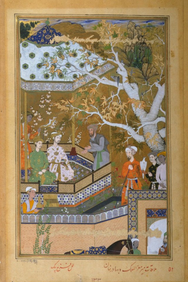 1565-A meeting between the rebel Bahadur Khan and the Mughal emissary Mir Mu'izz al Mulk-Akbarnama (cropped)