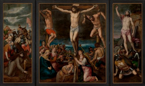 Michiel Coxie - Triptych with the Calvary donated by Abbot Philippe de Hosden. Free illustration for personal and commercial use.