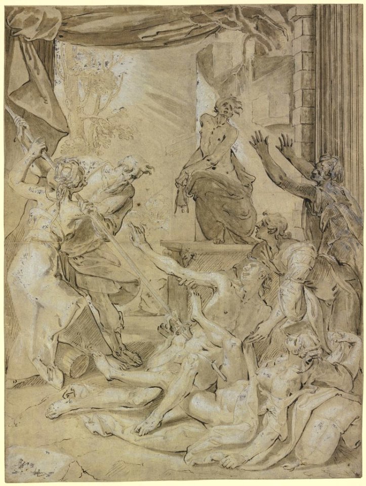 Joos van Winghe - Phinehas pierces Simri and Kosbin in their love nest with his spear and ends the plague