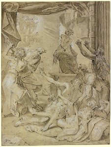 Joos van Winghe - Phinehas pierces Simri and Kosbin in their love nest with his spear and ends the plague