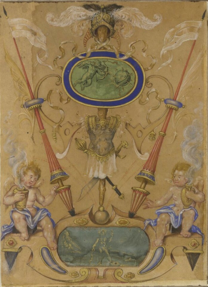 Joris Hoefnagel - Grotesque with trophies and sitting putti