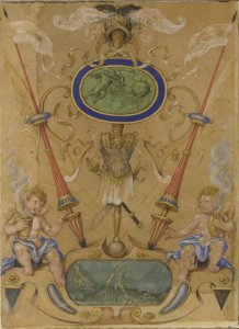 Joris Hoefnagel - Grotesque with trophies and sitting putti. Free illustration for personal and commercial use.