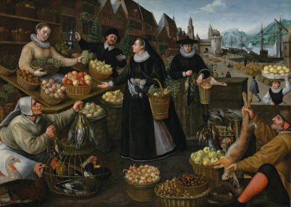 Lucas van Valckenborch and Georg Flegel - A fruit and vegetable stall above the Weinmarkt in Frankfurt (Allegory of Autumn). Free illustration for personal and commercial use.
