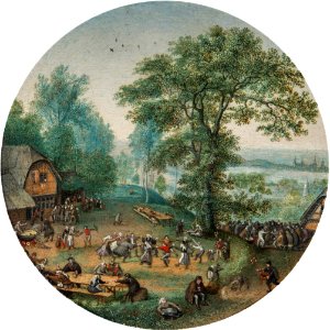 Lucas Valckenborch - Wooded landscape with figures dancing and merry-making in a village