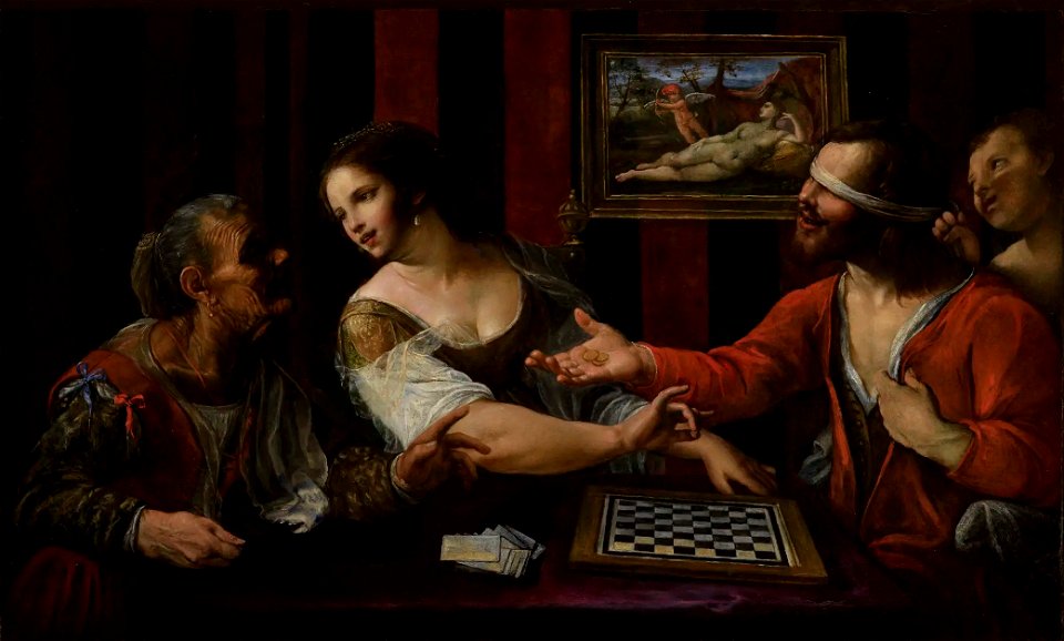 Angelo Caroselli - Blind love, a man playing draughts with a courtesan