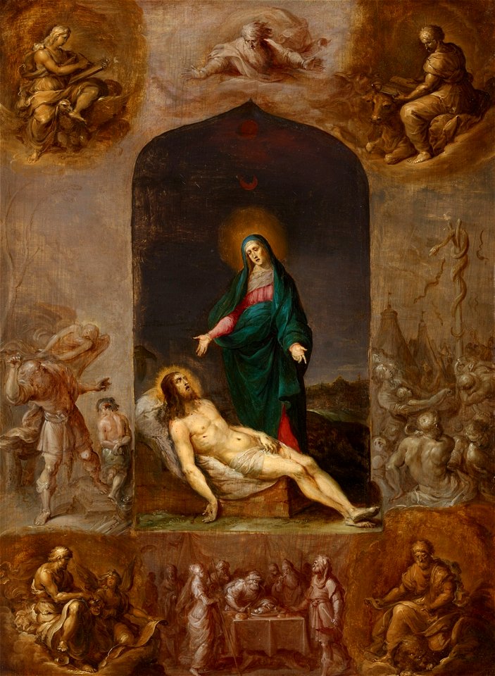 Frans Francken - Pietà surrounded by grisailles of the Four Evangelists and scenes from the Old Testament