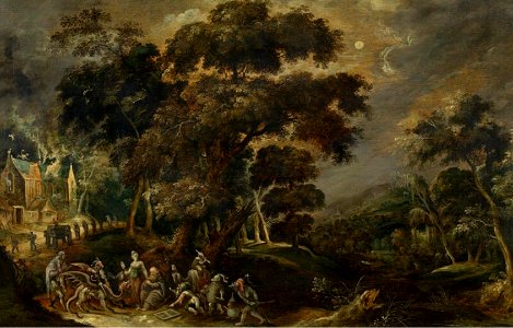 Kerstiaen de Keuninck - Landscape with the temptation of St. Anthony the Great of Egypt. Free illustration for personal and commercial use.