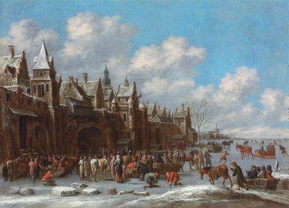 Thomas Heeremans - Winter landscape with villagers on a frozen lake outside a town. Free illustration for personal and commercial use.
