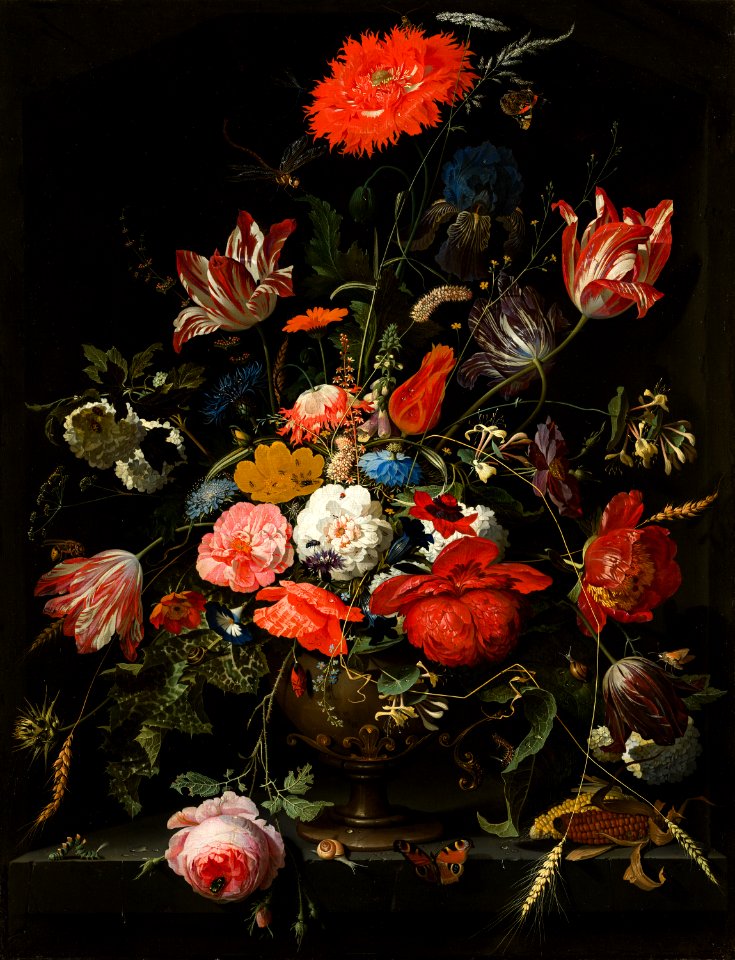 Abraham Mignon - Flowers in a metal vase