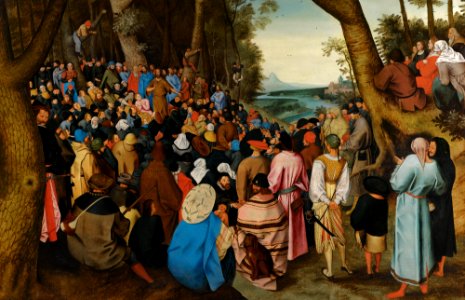 Saint John the Baptist Preaching to the Masses in the Wilderness oil on oak panel by Pieter Brueghel the Younger. Free illustration for personal and commercial use.