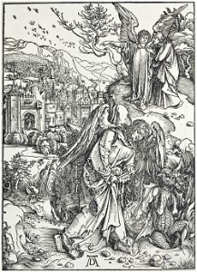 16. Albrecht Dürer, Apokalypsa, XIV. Anděl ukazující sv. Janovi Nový Jeruzalém, Národní galerie v Praze