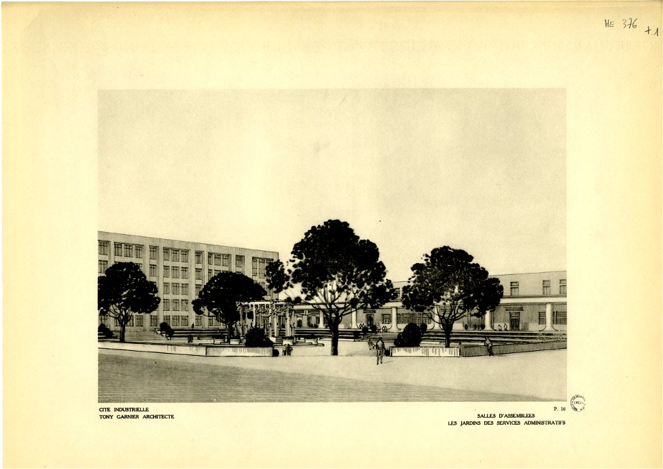 16. Salles d'assemblée, les jardins des services administratifs; perspective