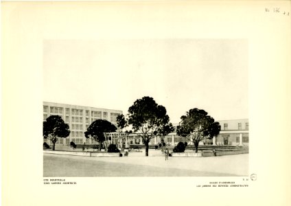 16. Salles d'assemblée, les jardins des services administratifs; perspective