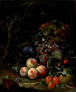Abraham Mignon - Still life with fruits, foliage and insects. Free illustration for personal and commercial use.
