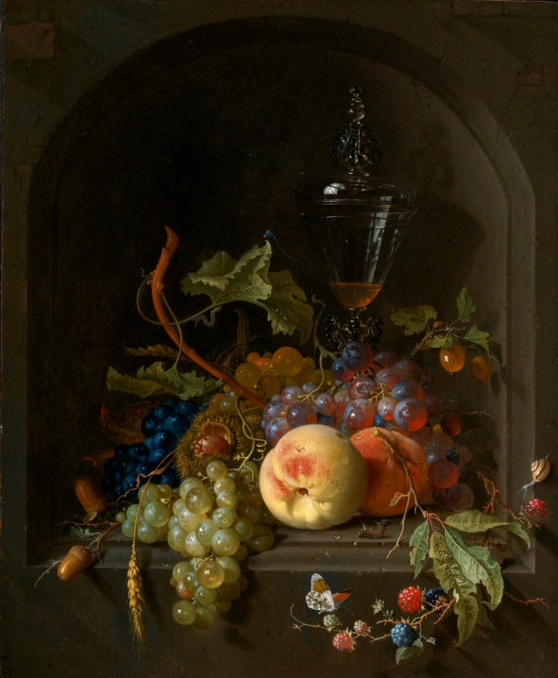Abraham Mignon, Jan Davidsz. De Heem - Still life of grapes, peaches, blackberries, acorns, prickly fruit, an elaborate glass and various insects on a ledge in a niche