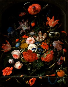 Abraham Mignon - Flowers in a Glass Vase. Free illustration for personal and commercial use.