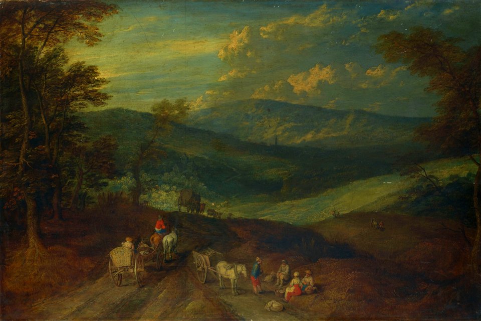 Joos de Momper II and Jan Brueghel II - An extensive mountainous landscape with travellers on a path