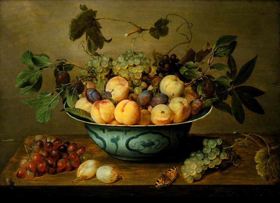 Jacob van Hulsdonck - Still life with peaches, prunes and grapes in a Wanli 'kraak' porcelain bowl on a wooden table with a butterfly and a scarab beetle