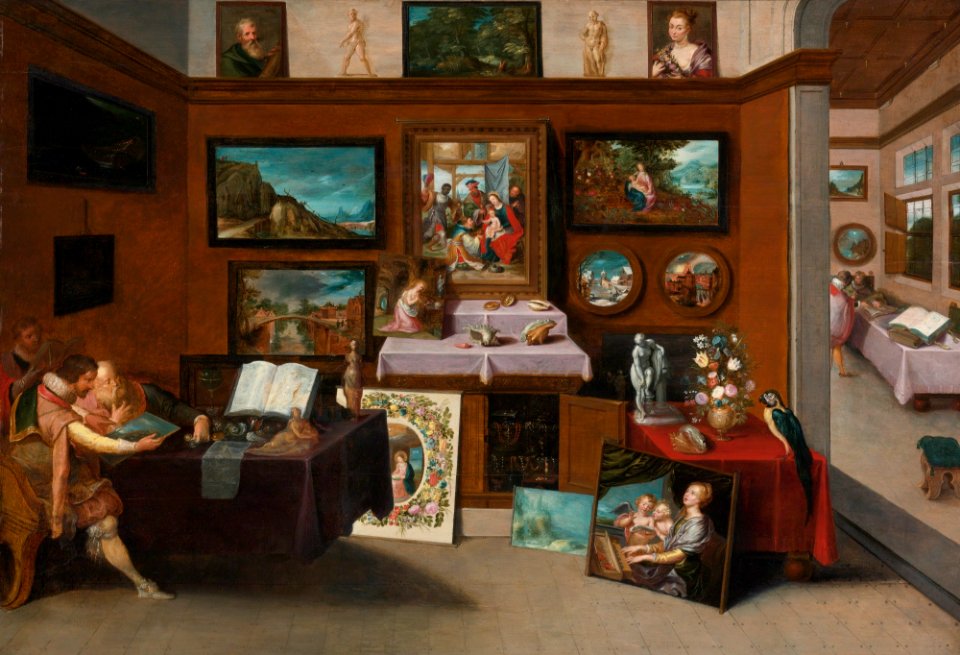 Frans Francken (II) - The interior of a picture gallery with connoisseurs admiring paintings