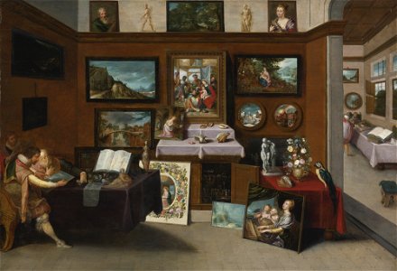 Frans Francken (II) - The interior of a picture gallery with connoisseurs admiring paintings