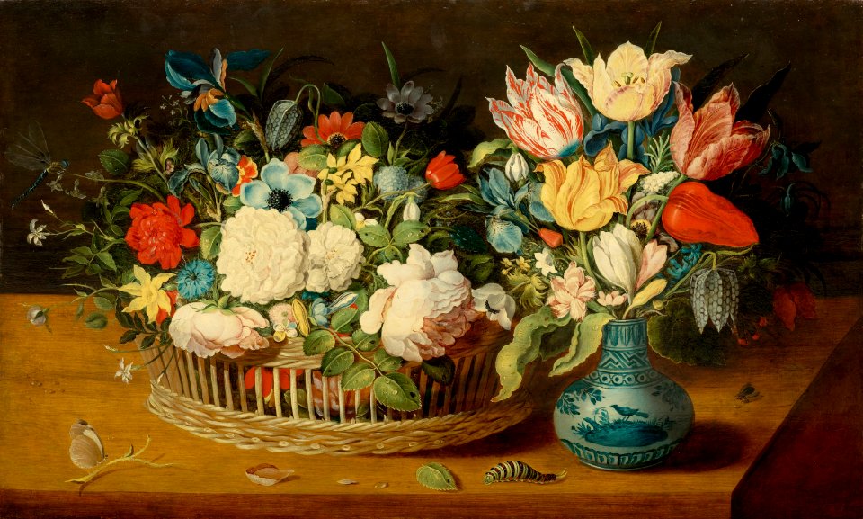 Osias Beert (I) Blütenstillleben mit Flechtkorb und Vase