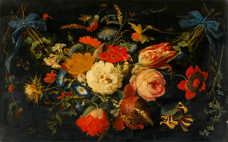 Abraham Mignon - Hanging garland of flowers and fruit, including roses, tulips and raspberries, along with a variety of insects