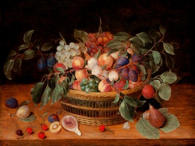 Jacob van Hulsdonck - Still life with peaches, plums and grapes in a basket on a ledge