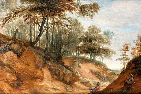 Lodewijk de Vadder - A wooded landscape with figures resting beside a country path. Free illustration for personal and commercial use.