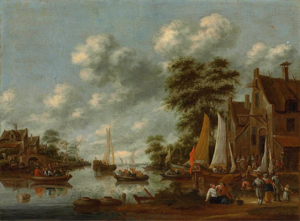 Thomas Heeremans - River landscape with ferry boats and other vessels, figures disembarking by an inn