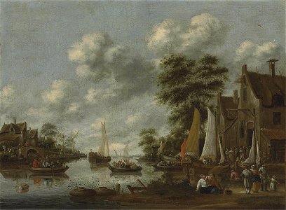 Thomas Heeremans - River landscape with ferry boats and other vessels, figures disembarking by an inn