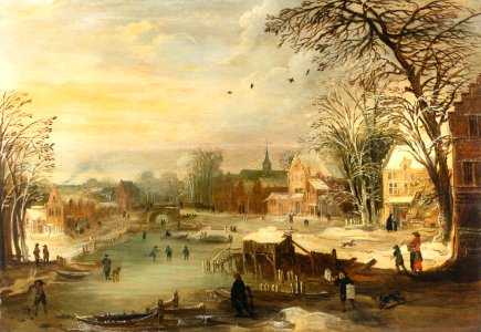 Joos de Momper (II)- Winter village landscape by a frozen river. Free illustration for personal and commercial use.