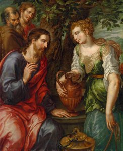 Hendrick de Clerck - Christ and the Woman of Samaria. Free illustration for personal and commercial use.