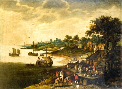 Jan Wildens - River landscape with fishermen returning to shore, with shipping in the distance. Free illustration for personal and commercial use.