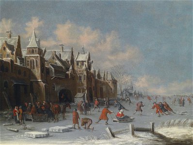 Thomas Heeremans - Skaters on the ice outside the gates of a Dutch city