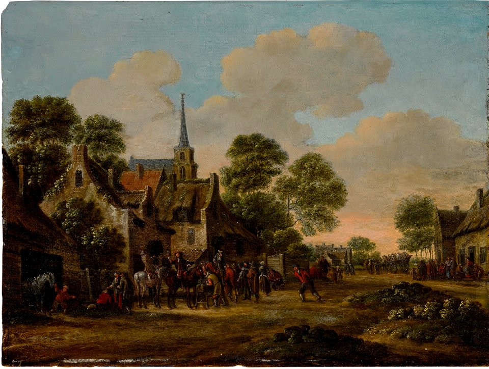 Thomas Heeremans - Village scene with figures by a church