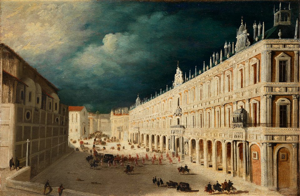 François de Nomé - Capriccio view of an Italian piazza with a royal procession