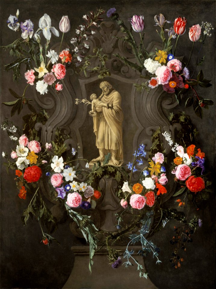 Daniel Seghers - Floral decorations around a niche with St Joseph and the Christ Child