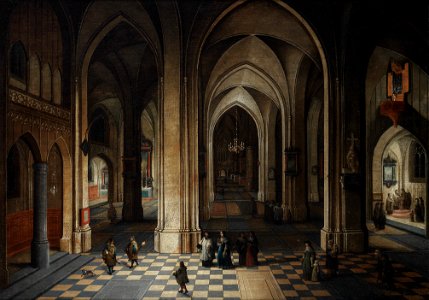 Pieter Neefs (II) - Interior of a cathedral at night, with elegant figures attending a mass