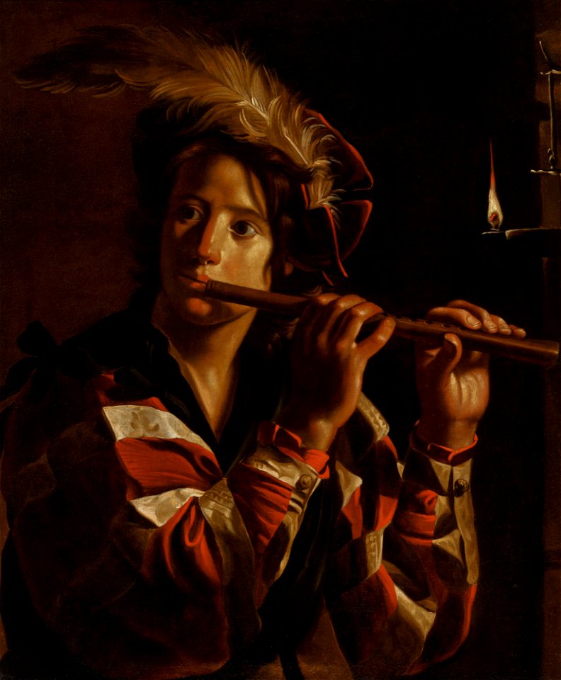 Adam de Coster - Young man playing the flute by candlelight