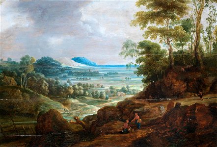 Jan Wildens - Gleaners and herdsmen tending their flocks with an open landscape beyond