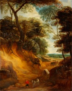Lodewijk de Vadder - A hilly landscape with travellers and a wagon on a path