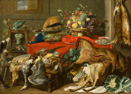 Frans Snyders - Larder with a draped table laden with game, a lobster, vegetables and fruit in a basket, and kraak porcelain, with a parrot and two hounds