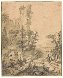 Cornelis de Wael - Mountain road with a man and two mules. Free illustration for personal and commercial use.